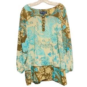SUSAN GRAVER STYLE Top Size 1X Sheer Boho Mixed Floral Print Brown Turquoise